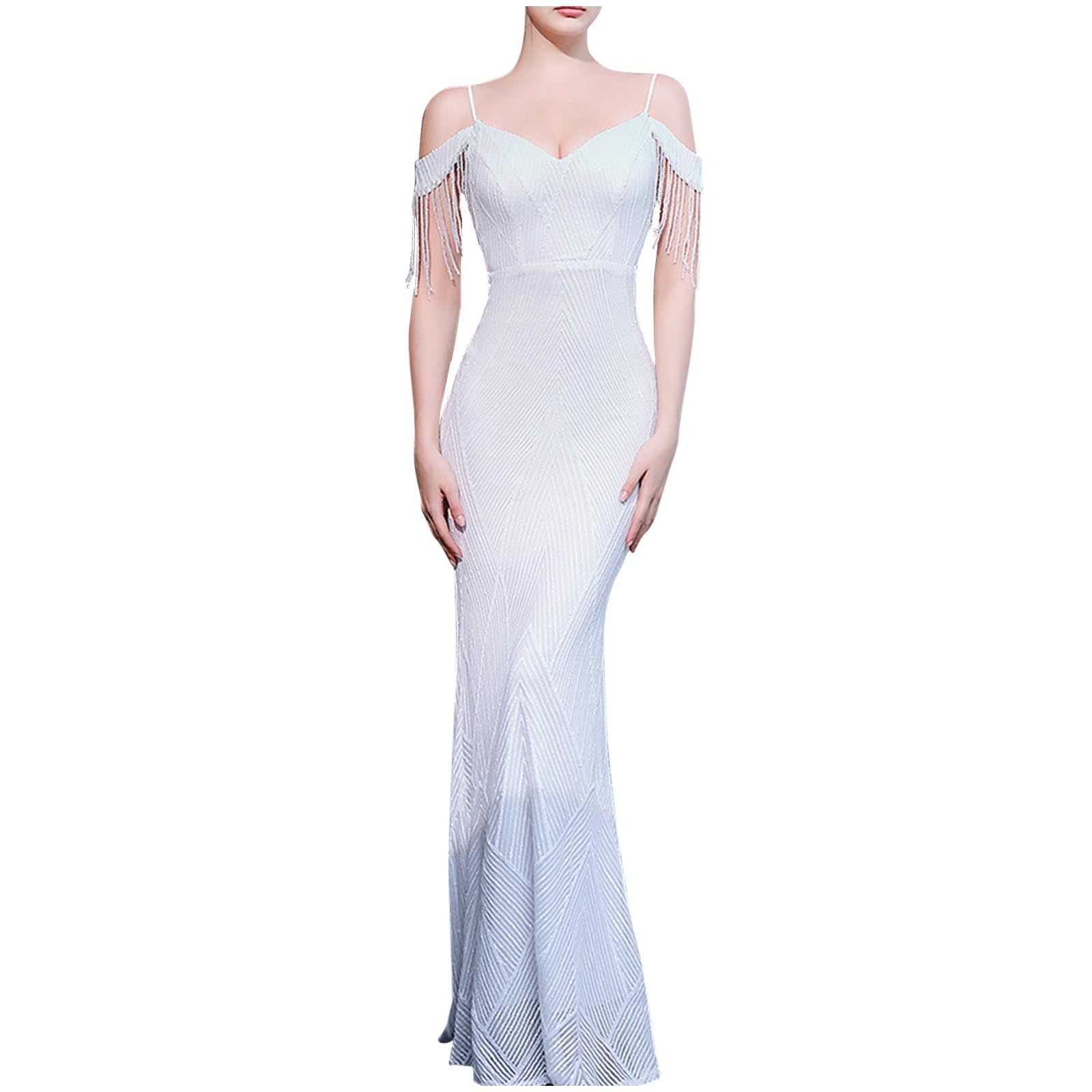 Maxi Dresses for Women Women's V Neck Sequin Formal Evening Dress Tassel Cold Sleeve Long Gown Retro Party Maxi Mermaid Dress S-6 White XL