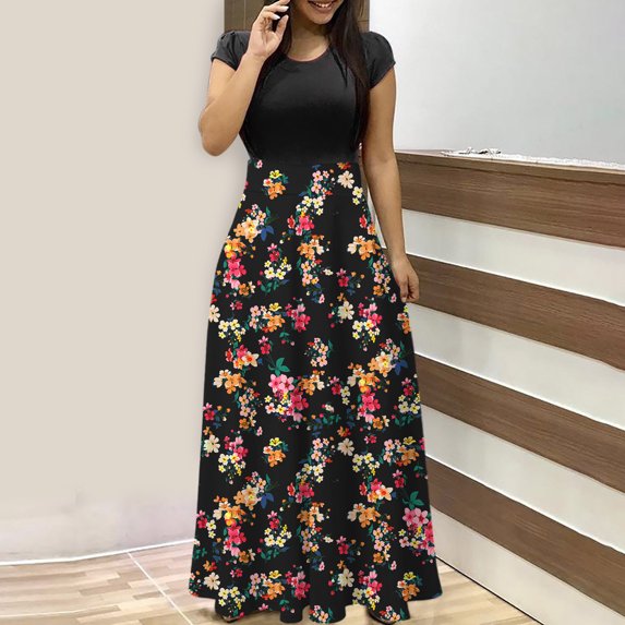Maxi Dresses for Womens 2024 Vintage Elegant Tunic Waisted Long Dress Summer Casual Floral Short Sleeve Midi Dress