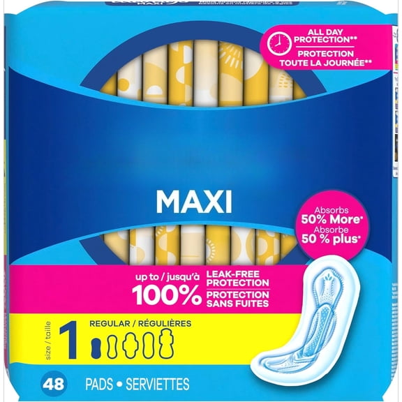 Maxi Feminine Pads Without Wings for Women, Size 1, Regular Absorbency, Unscented 48 Count