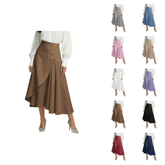 Maxi Flowy Skirts for Women Summer Elastic High Waisted Dressy Casual Ruffle Asymmetrical Hem Long Linen Wrap Skirt