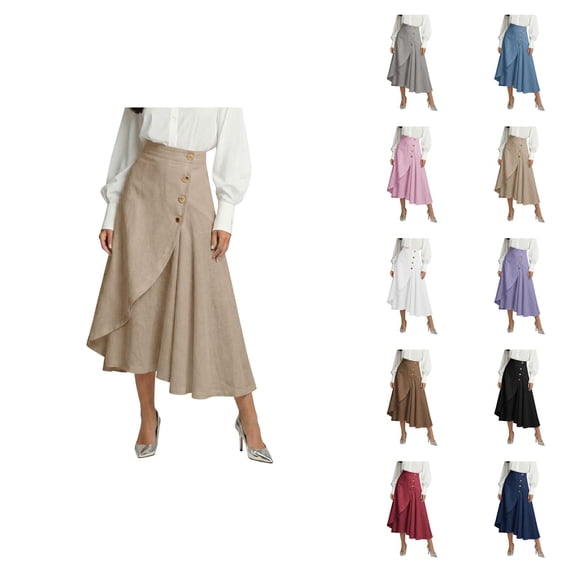 Maxi Flowy Skirts for Women Summer Elastic High Waisted Dressy Casual Ruffle Asymmetrical Hem Long Linen Wrap Skirt