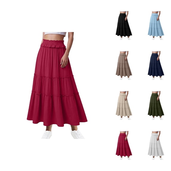 Maxi Flowy Skirts for Women Summer Elastic High Waisted Ruffle Tiered A Line Casual Long Skirt Beach Vacation Clothes