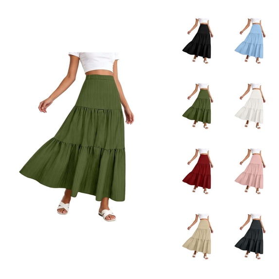 Maxi Flowy Skirts for Women Summer High Waisted A Line Tiered Pleated Cute Boho Long Skirt