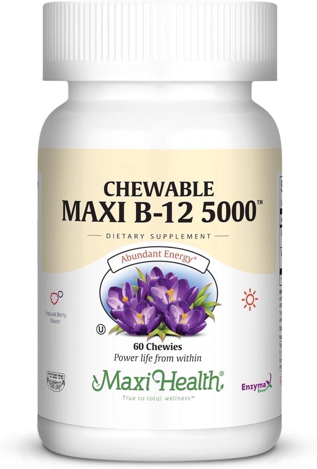 Maxi Health Vitamin B-12 Supplement – 5000 mcg Chewable Tablets – Berry Flavor – Energy – 60 Count – Kosher