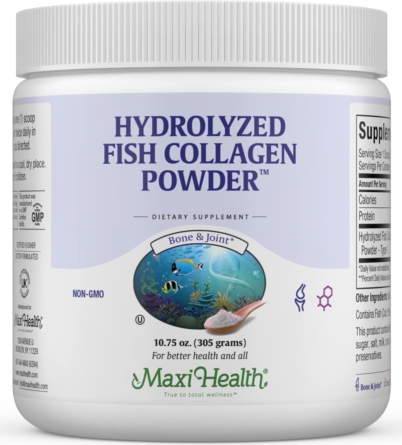 Maxi Health Marine Collagen Powder – Type I Hydrolyzed Protein for Skin, Hair, and Joint Support – 10.75 oz