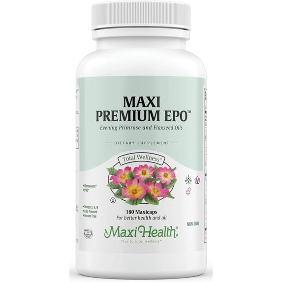 Maxi Health Evening Primrose & Flaxseed Oil – Omega 3-6-9 Softgels for Skin & Hormonal Health, 180 Ct