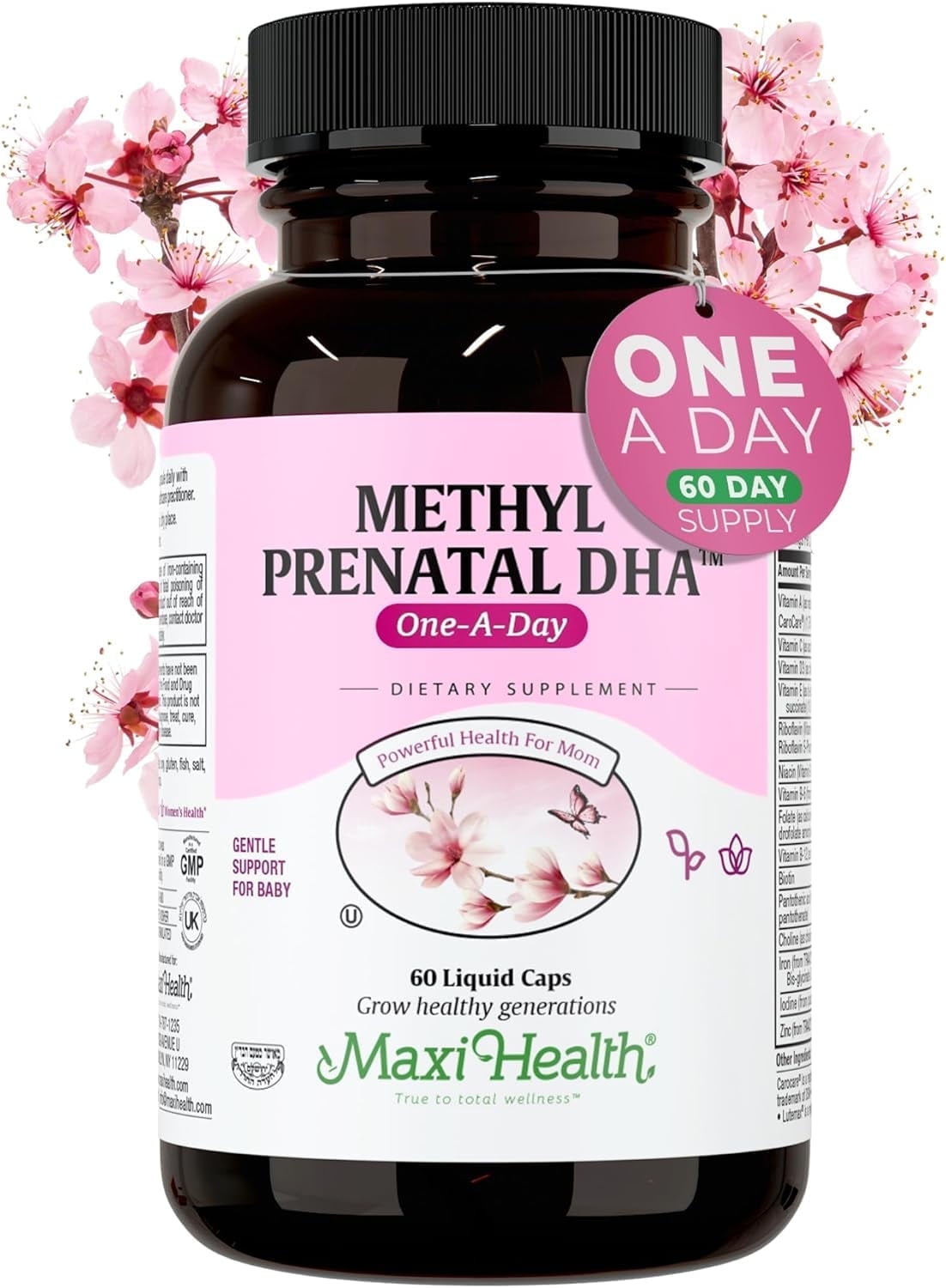 Maxi Health Methyl Prenatal DHA – Prenatal Multivitamin with DHA, Folate & Methyl B12 – Non-GMO, 60 Caps