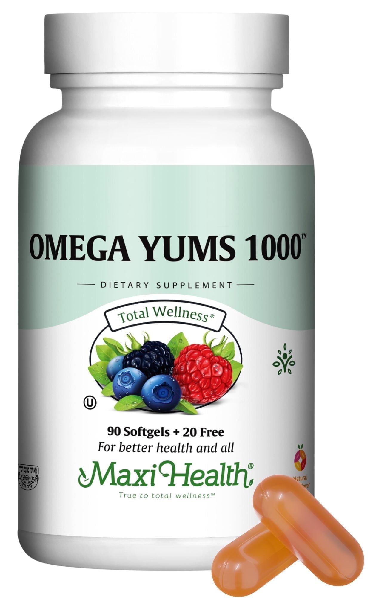 Maxi Health Omega Yums 1000 – Omega-3 Fish Oil for Kids – Brain, Heart & Eye Support – 110 Softgels – Kosher