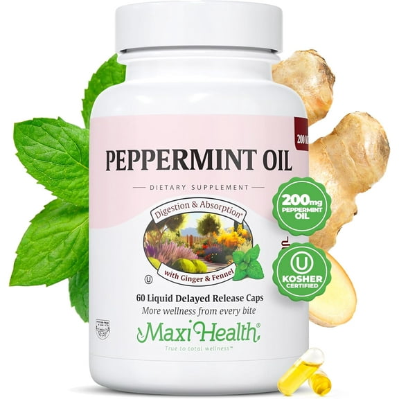 Maxi Health Peppermint Oil with Ginger & Fennel  Digestive Health Support  60 Delayed Release Capsules