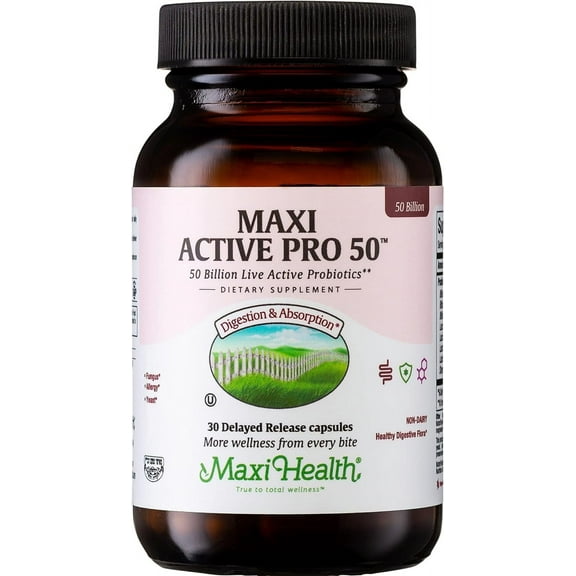 Maxi Health Probiotic Plus - 50 Billion CFU, 15 Strains, Delayed Release Capsules - 30 Count