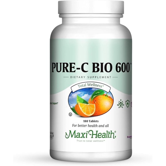 Maxi-Health Pure-C-Bio 600  Vitamin C & Bioflavonoids Supplement for Immune, Vascular & Antioxidant Support  180 Tablets  Kosher