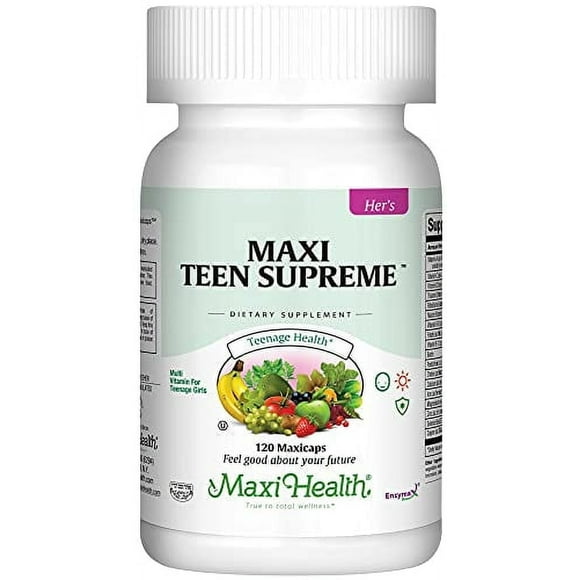 Maxi Health Teen Supreme Her's for Teenage Capsules Girls, Women's Multi Vitamins Including D3, Iron, Calcium, Digestive Enzyme Unflavored, 120 Count Gluten, Daily, Magnesium