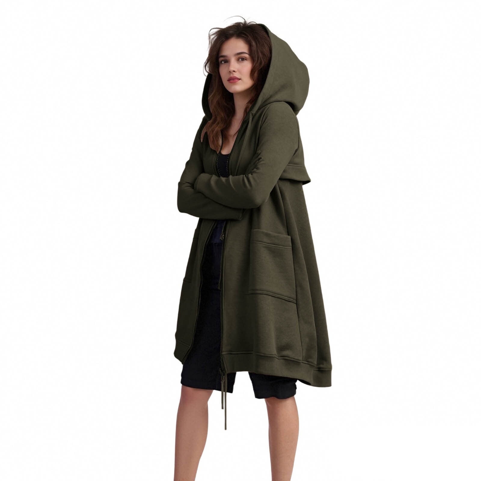 Maxi Hoodie with Thumb Holes Sevevn Women's Solid Color Jacket Fleece Casual Zipper Long Sleeve Pocket Hooded Long Sweater Army Green S