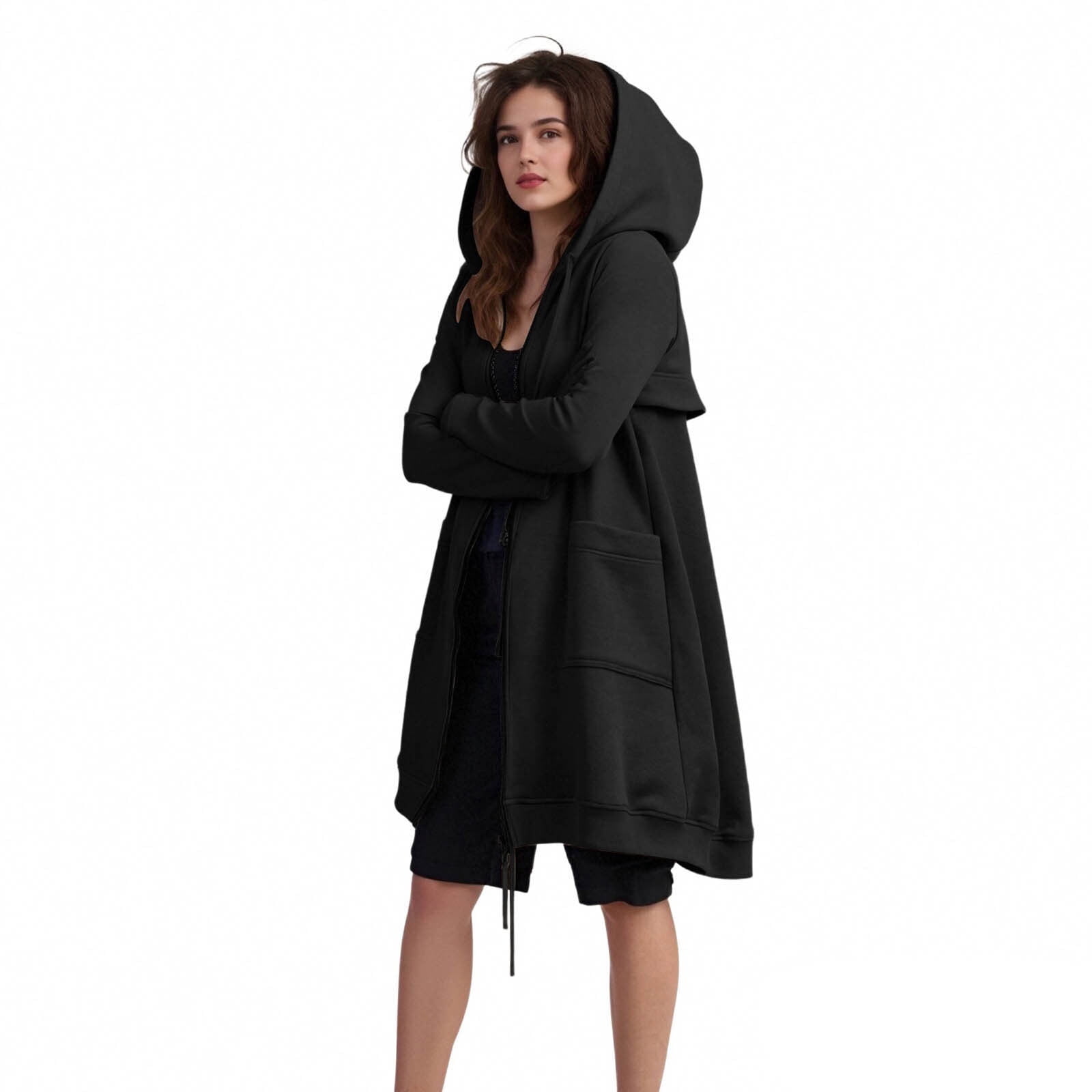 Maxi Hoodie with Thumb Holes Sevevn Women's Solid Color Jacket Fleece Casual Zipper Long Sleeve Pocket Hooded Long Sweater Black XL