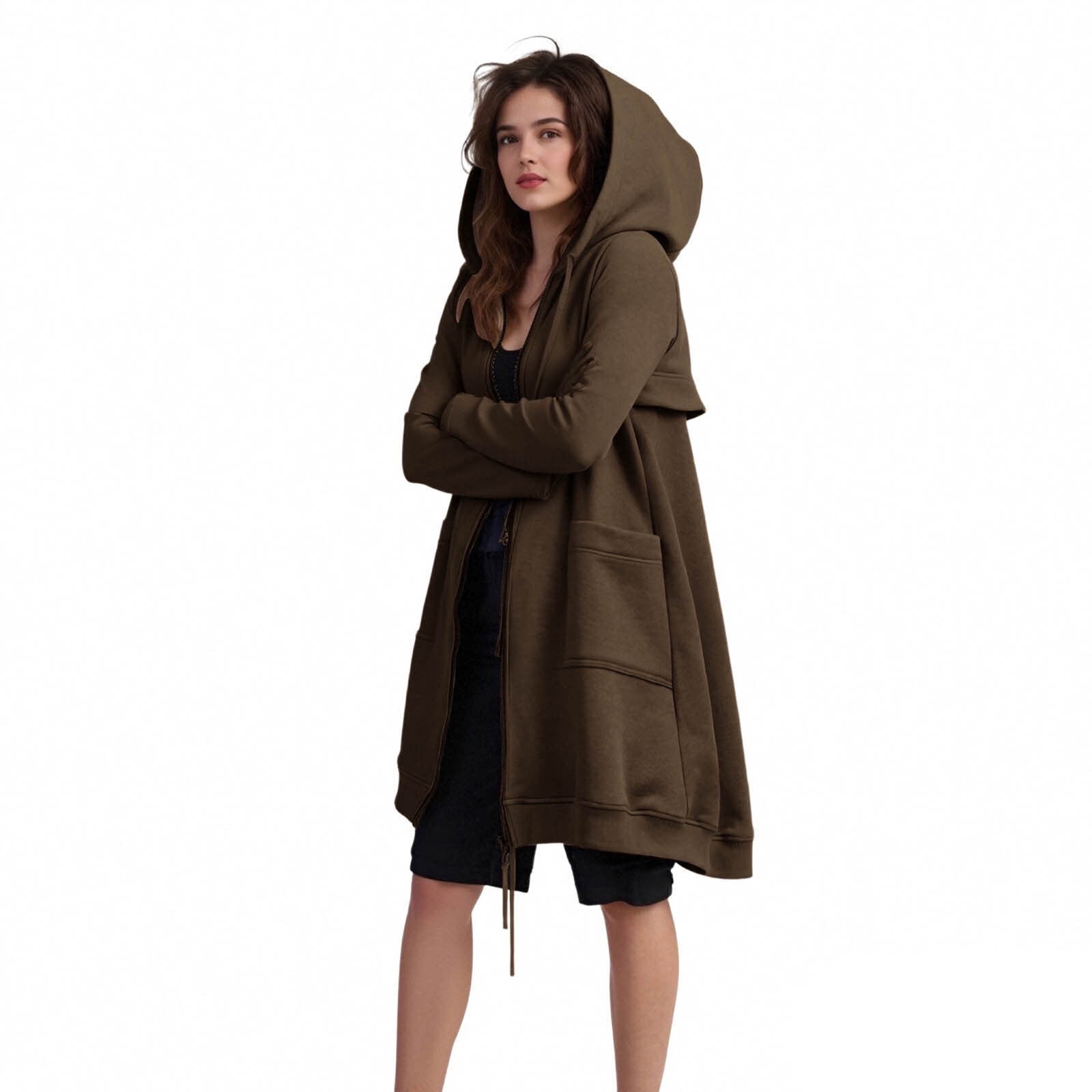 Maxi Hoodie with Thumb Holes Sevevn Women's Solid Color Jacket Fleece Casual Zipper Long Sleeve Pocket Hooded Long Sweater Brown S
