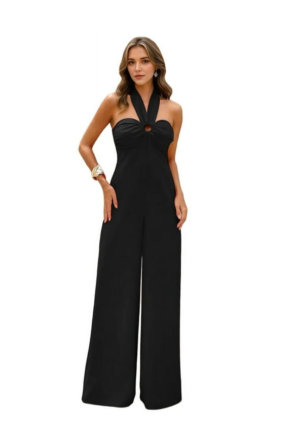 Maxi Jumpsuit for Women Crossover Halter Neck Straight Leg Overall Romper Black M