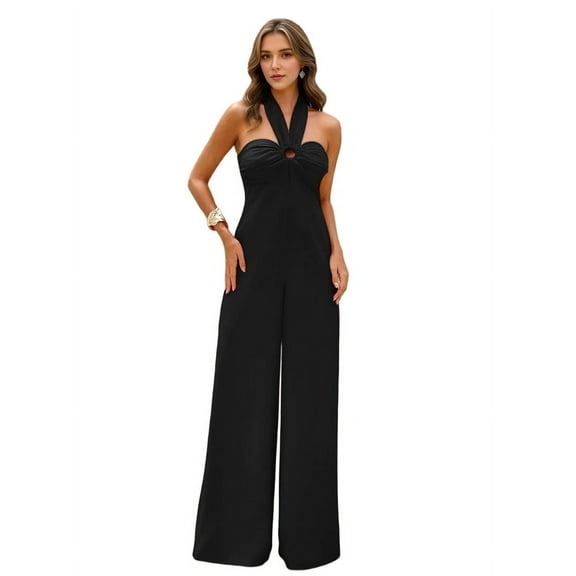 Maxi Jumpsuit for Women Crossover Halter Neck Straight Leg Overall Romper Black M