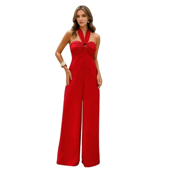 Maxi Jumpsuit for Women Crossover Halter Neck Straight Leg Overall Romper Red S