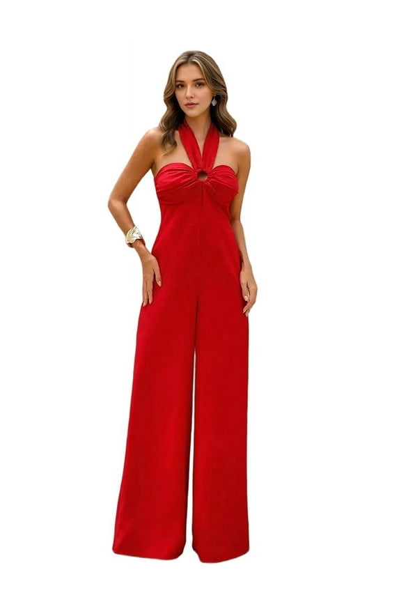 Maxi Jumpsuit for Women Crossover Halter Neck Straight Leg Overall Romper Red S