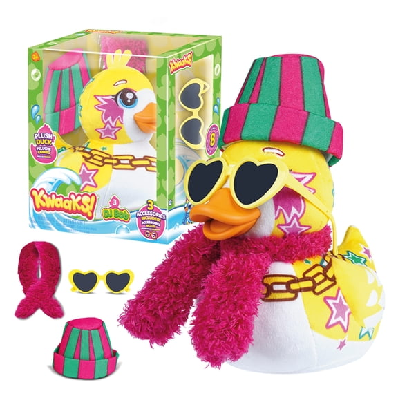 Maxi Kwaaks DJ Bob Duck Plush - 15 cm Printed Soft Toy with Stitched Eyes, Fluffy Texture & 3 Music-Inspired Accessories - Includes Adoption Card & Hanging Loop - Mix & Match Plush Fun