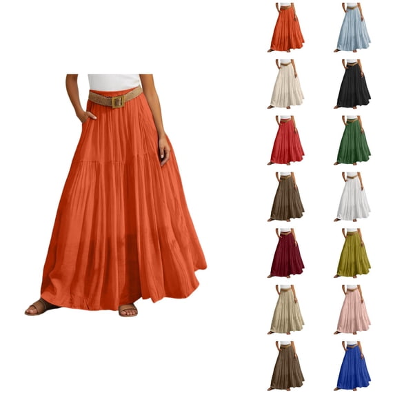 Maxi Linen Skirts for Women Summer Elastic High Waisted A Line Ruffle Boho Flowy Belted Long Skirt Beach Vacation Clothes