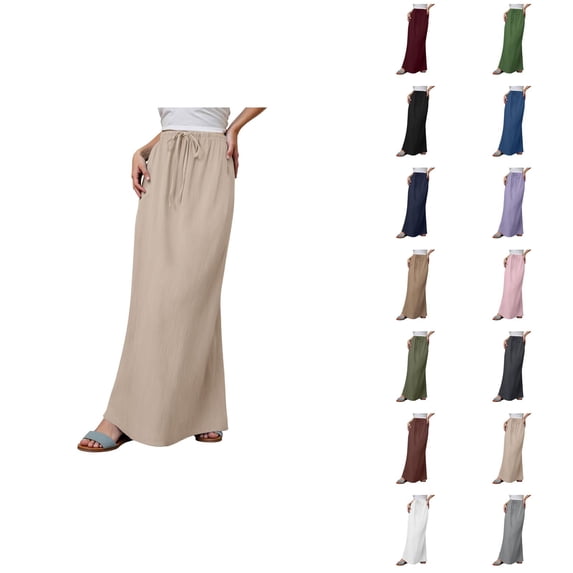Maxi Linen Skirts for Women Summer Elastic High Waisted Drawstring Boho Flowy Long Skirt