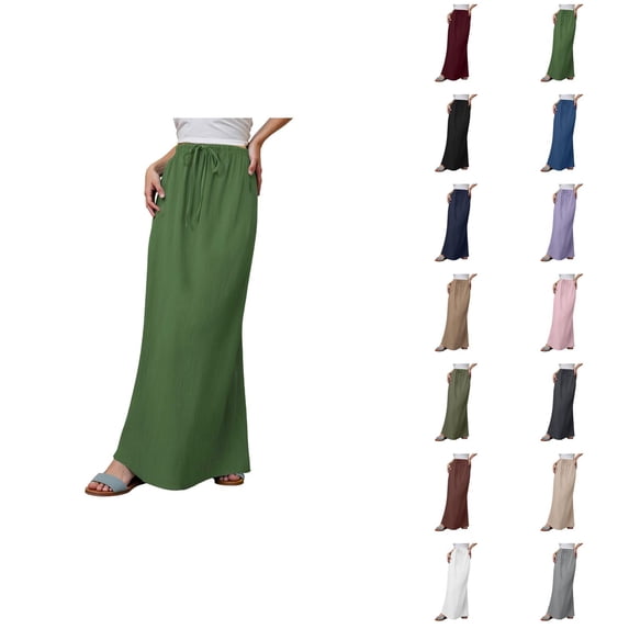 Maxi Linen Skirts for Women Summer Elastic High Waisted Drawstring Boho Flowy Long Skirt