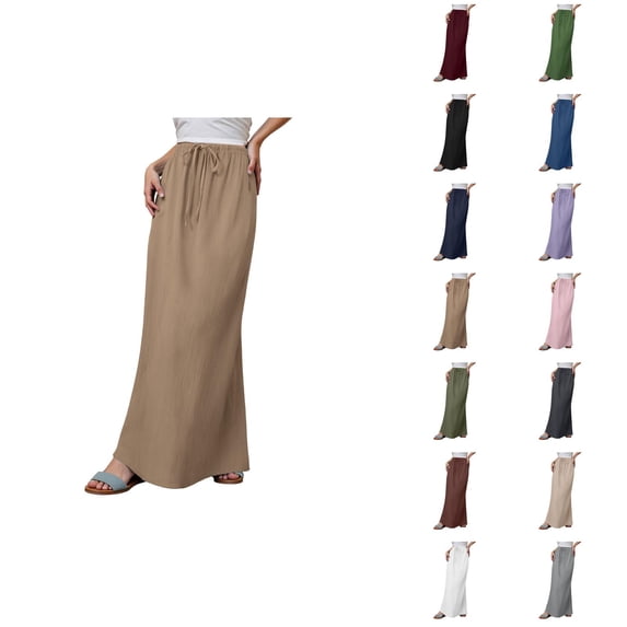 Maxi Linen Skirts for Women Summer Elastic High Waisted Drawstring Boho Flowy Long Skirt