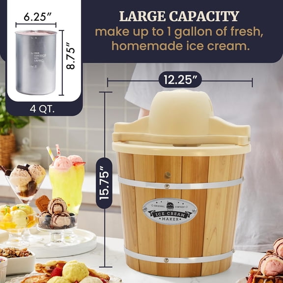 Maxi-Matic EIM-924L 4 Quart Old Fashioned Electric Ice Maker with Pine Bucket for Homemade Desserts