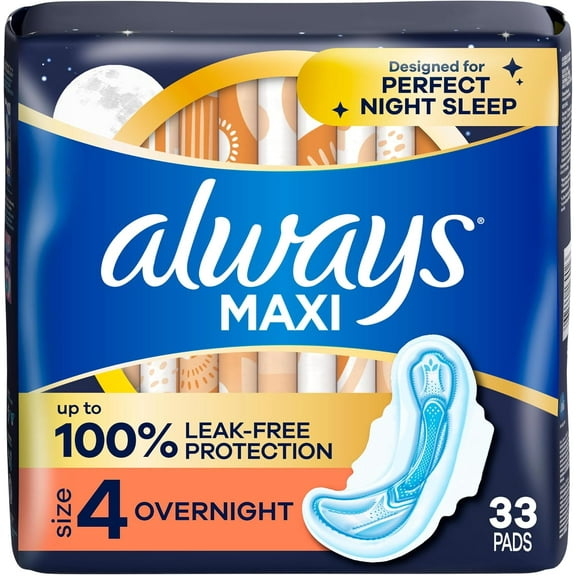 Maxi Overnight Pads with Wings for Women, Size 4, Overnight Absorbency, Unscented, 33 Count