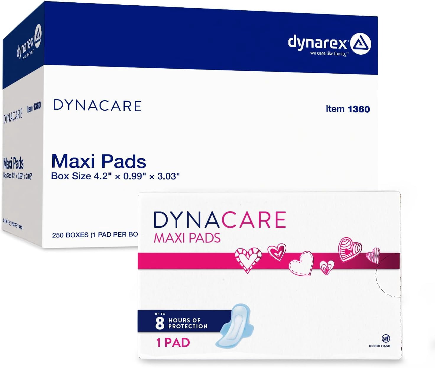 Dynarex Super Maxi Pads without Wings, Sanitary Feminine Pads, Unscented, High Absorbency, 250 Count