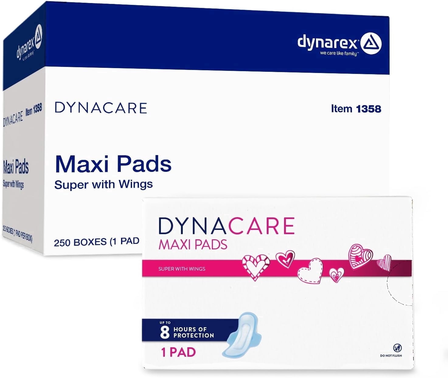 Dynarex Super Maxi Pads with Wings, Sanitary Feminine Pads, Unscented, High Absorbency, 250 Count