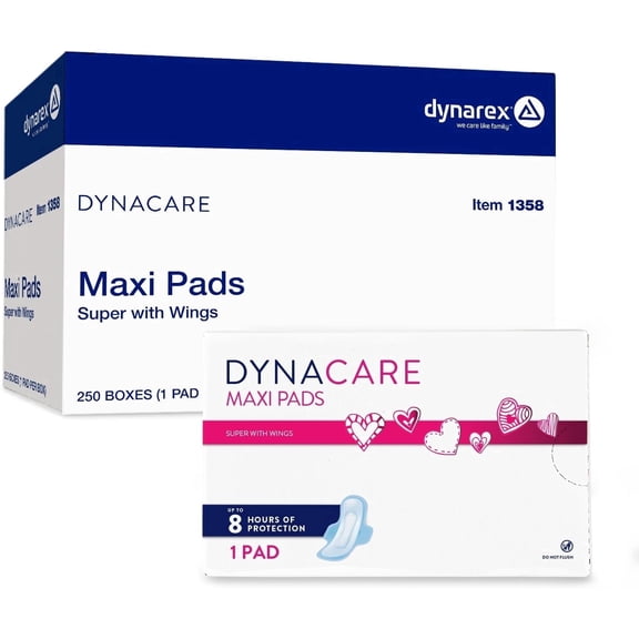 Dynarex Super Maxi Pads with Wings, Sanitary Feminine Pads, Unscented, High Absorbency, 250 Count
