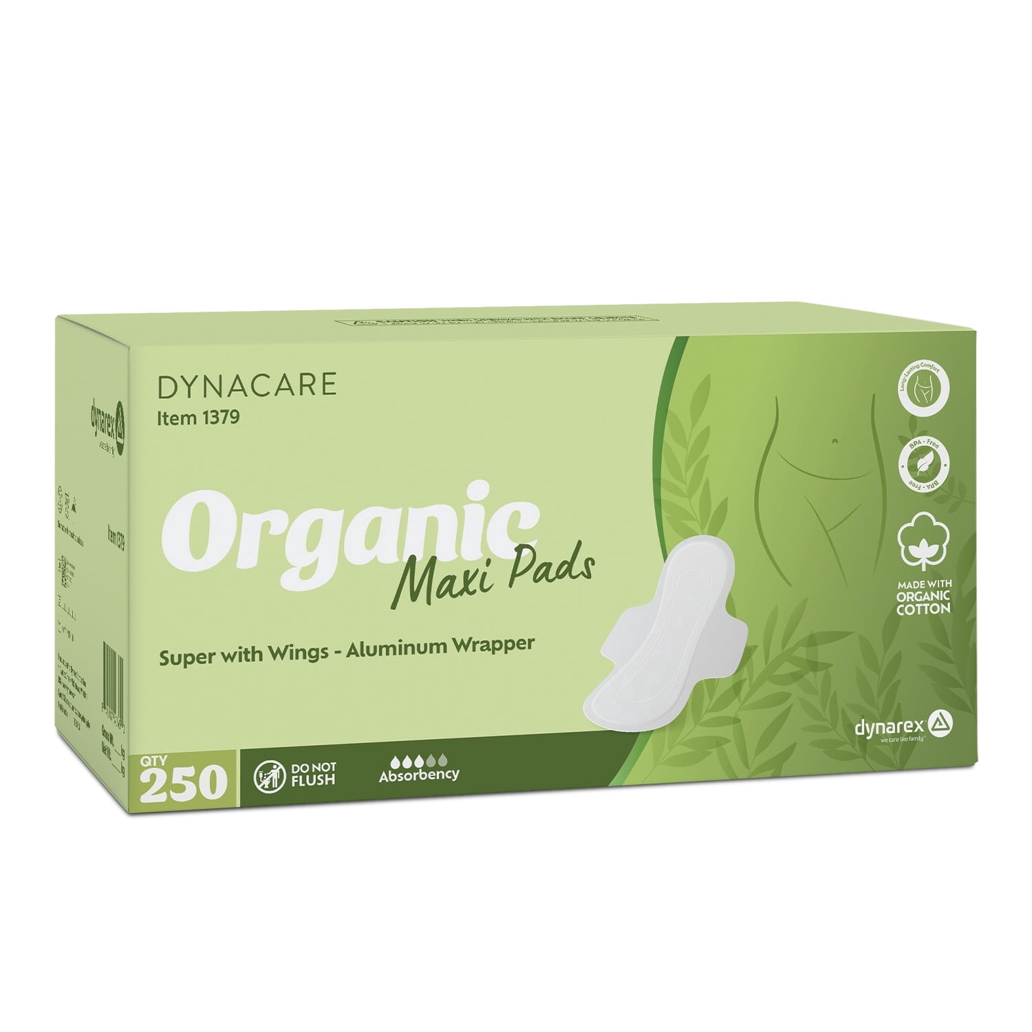 Dynarex DynaCare Organic Super Maxi Pads with Wings, Sanitary Feminine Pads, Unscented, Heavy Absorbency, 250 Count