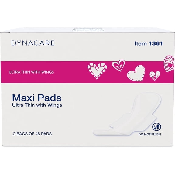 Dynarex Ultra Thin Maxi Pads with Wings, Unscented Feminine Pads, Light Absorbency, 2 Boxes, 96 Count