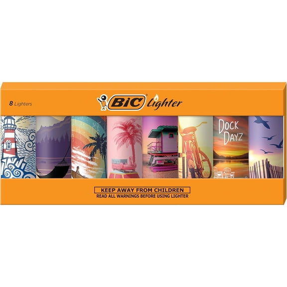 Maxi Pocket Lighter, Special Edition Vacation Collection, Assorted Unique Lighter Designs, 8 Count Pack of Lighters