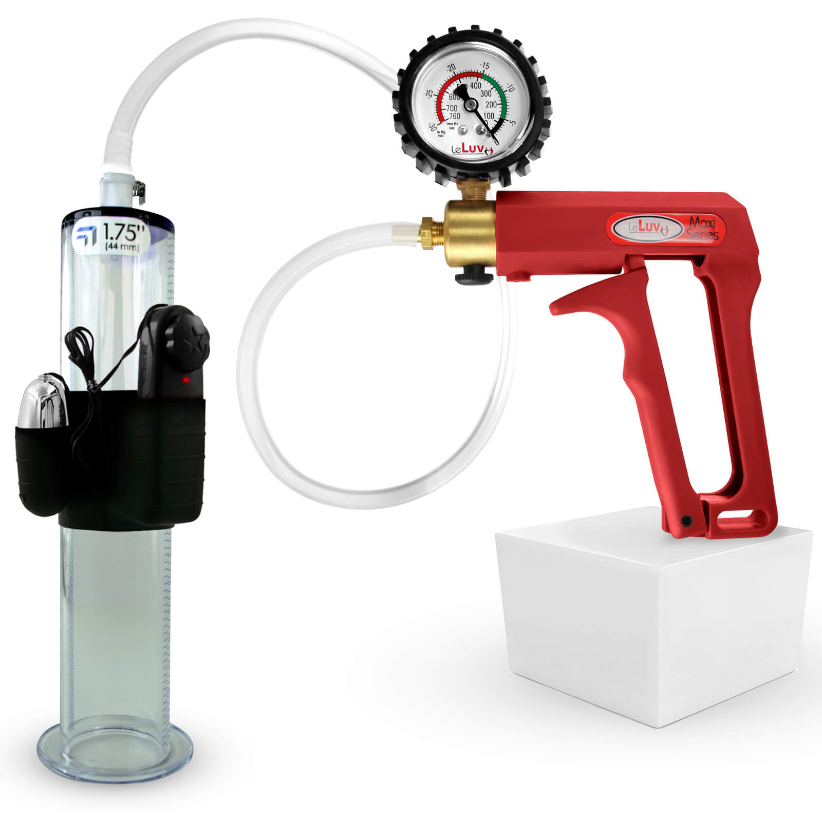 Maxi Red Handle Clear Hose Vibrating Penis Pump + Protected Gauge 9