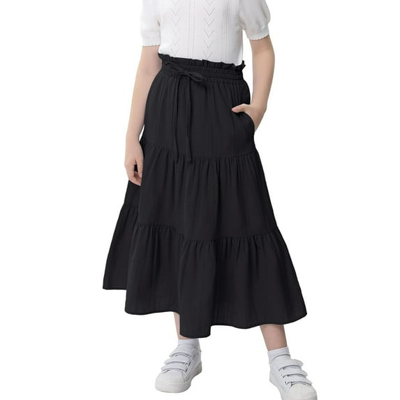 Maxi Ruffled Skorts for Girls Button Front High Waisted Long Skirt with Belt and Pocket