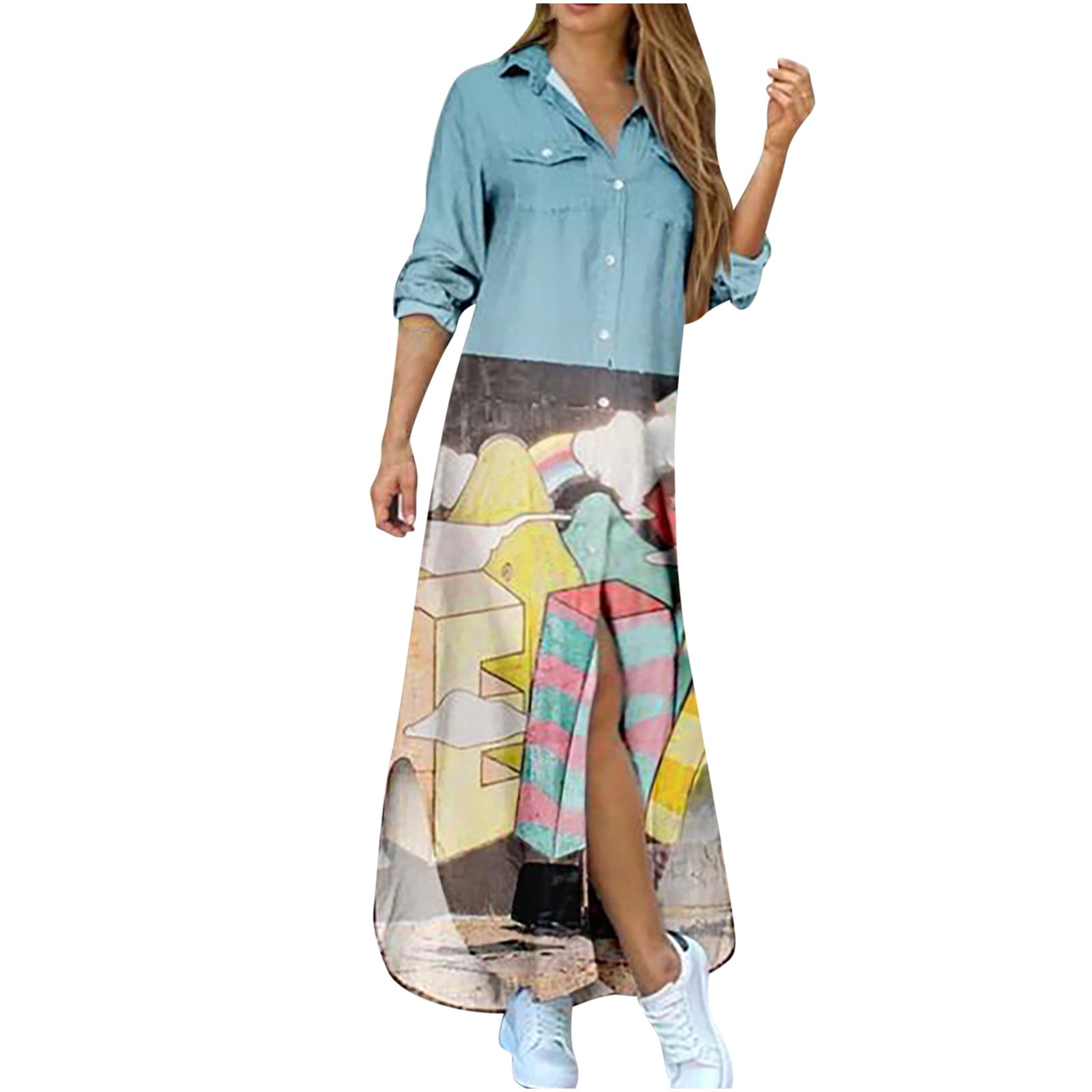 Maxi Shirt Dress for Womens Long Sleeve Button Down T Shirt Dress Casual  Floral Maxi Dresses Loose Fit Blouse Dress - Walmart.com