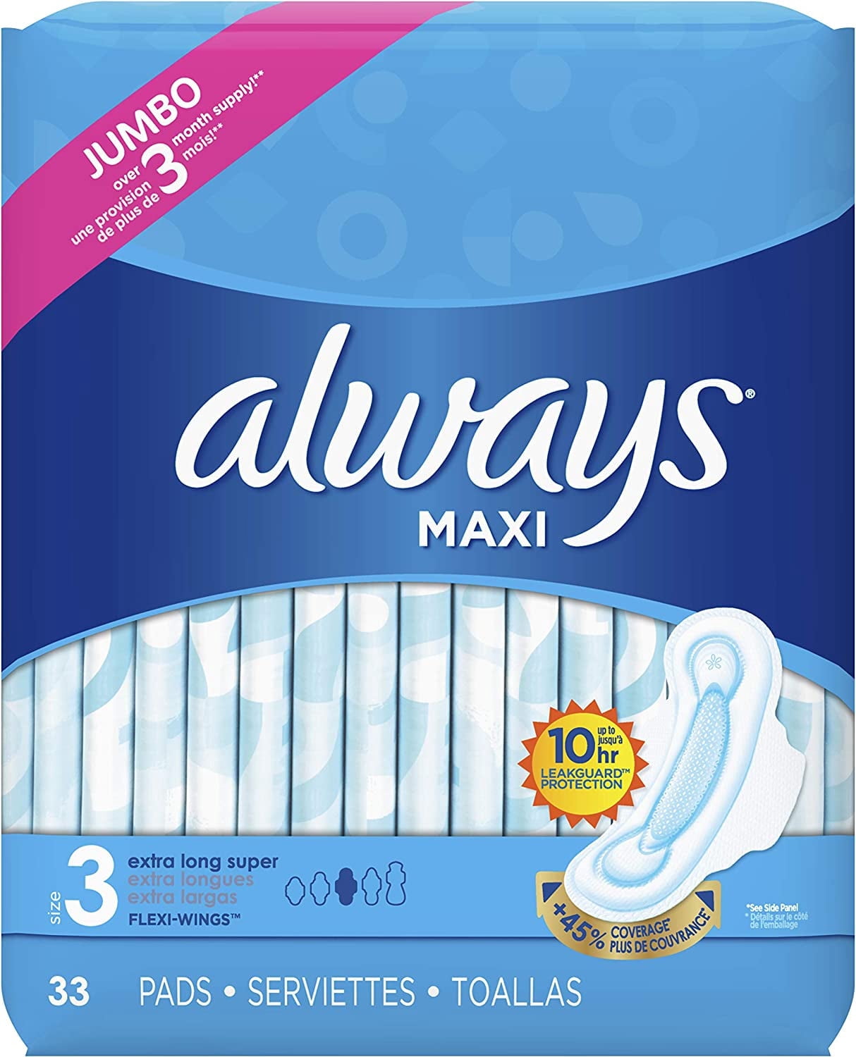 Maxi Size 3 Feminine Pads with Wings, Extra Long Super Absorbency, Unscented, 33 Count