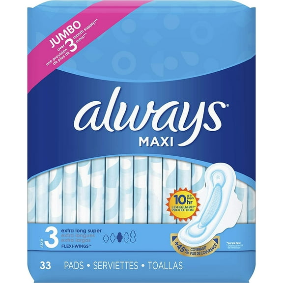 Maxi Size 3 Feminine Pads with Wings, Extra Long Super Absorbency, Unscented, 33 Count
