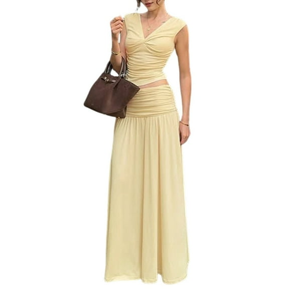 Maxi Skirt Set Women 2 Piece Outfits Sleeveless Top Maxi Skirt Solid Going Out Vacation Light Yellow M