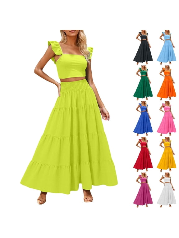 Maxi Skirt Sets Women 2 Piece Outfits Ruffle Sleeve Crop Tank Top and High Waist Tiered Skirt Casual Beach Dress Set White M