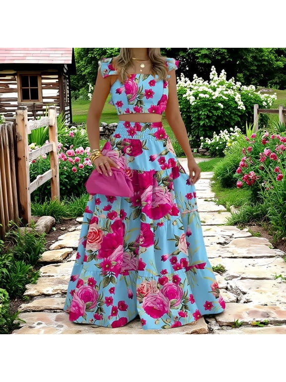 Maxi Skirt Sets for Women 2 Piece Outfits Ruffle Sleeve Crop Tank Top and High Waist Tiered Skirt Beach Dress Set Pink M