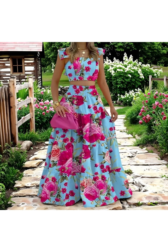 Maxi Skirt Sets for Women 2 Piece Outfits Ruffle Sleeve Crop Tank Top and High Waist Tiered Skirt Beach Dress Set Pink XL