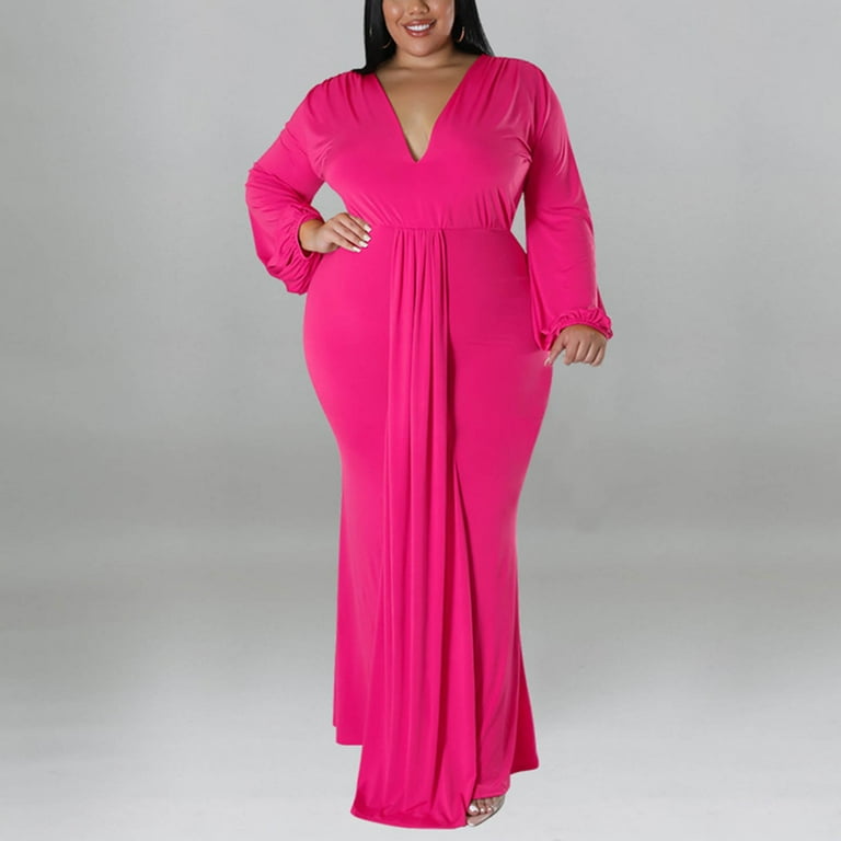 Maxi Skirt Solid colour sexy big size long sleeve V neck Casual Pleated Comfy Clothes Dress Womens Women s Summer Dresses 2024 Hot Pink 3XL Walmart