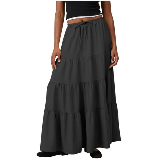 Maxi Skirt for Women Long A-Line Skirts Elegant Casual Elastic High Waist Skirts Office Work Swing Skirt Solid Basic Long Length Dress Going Out Ruffle Dresses