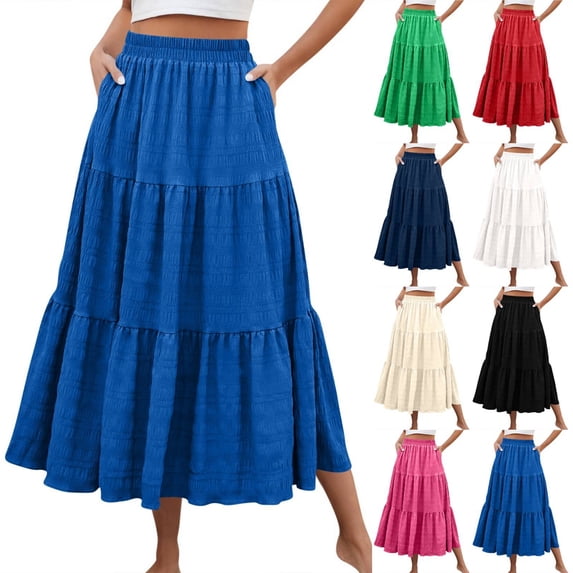 Maxi Skirt Womens Summer Casual Elegant Smock Layered Tiered High Waisted A Line Flowy Long Skirts with Pockets Blue L