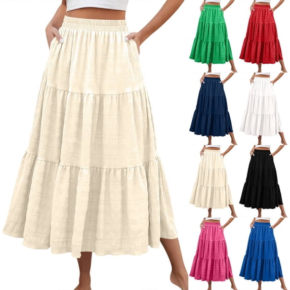 Maxi Skirt Womens Summer Casual Elegant Smock Layered Tiered High Waisted A Line Flowy Long Skirts with Pockets Khaki M
