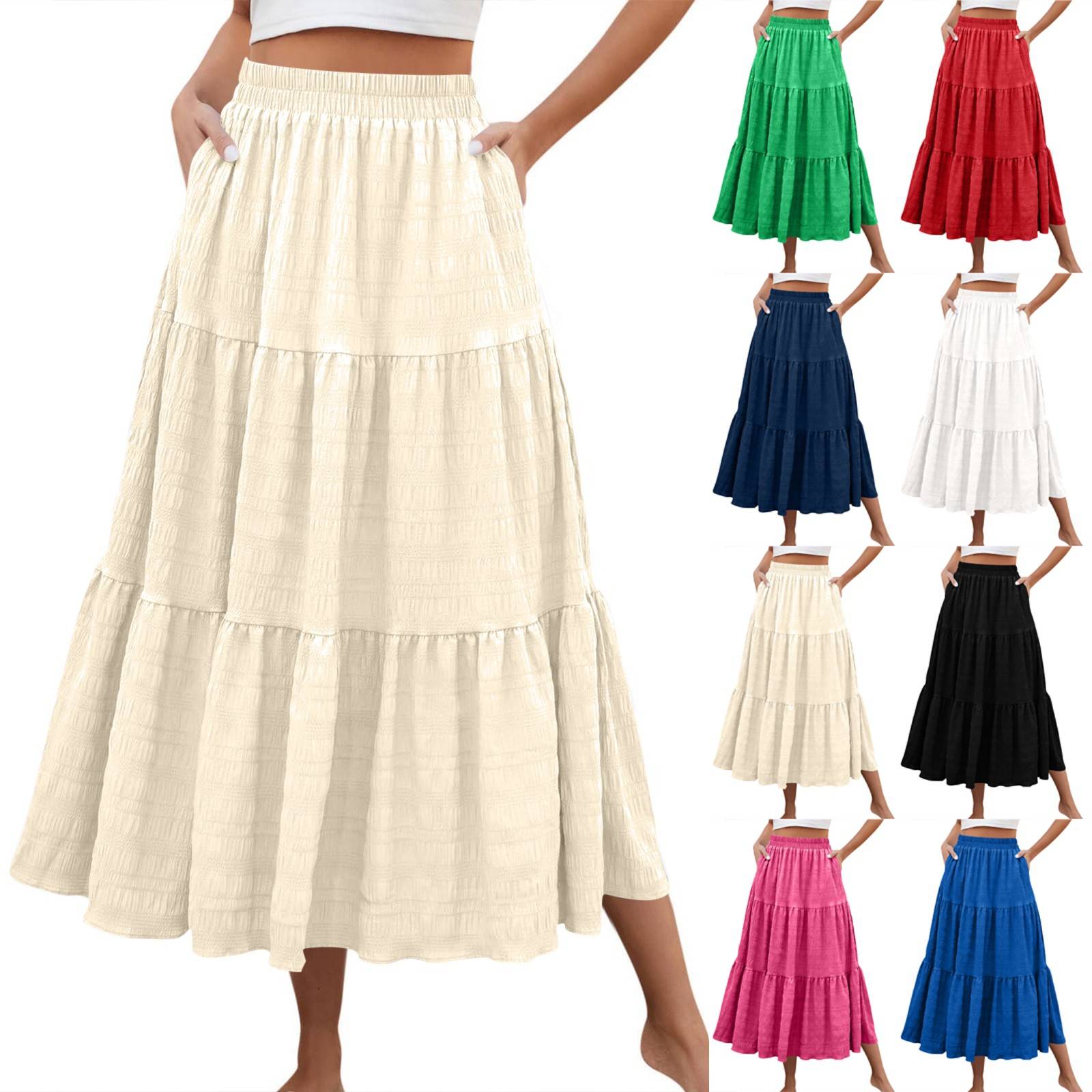 Maxi Skirt Womens Summer Casual Elegant Smock Layered Tiered High Waisted A Line Flowy Long Skirts with Pockets Khaki M